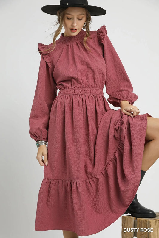 Ruffled Shoulder Accent Textured Midi Dress