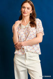 Bow Tie V-Neck Floral Puff Sleeve Blouse