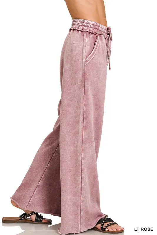 Acid Wash Fleece Palazzo Sweatpants with Pockets