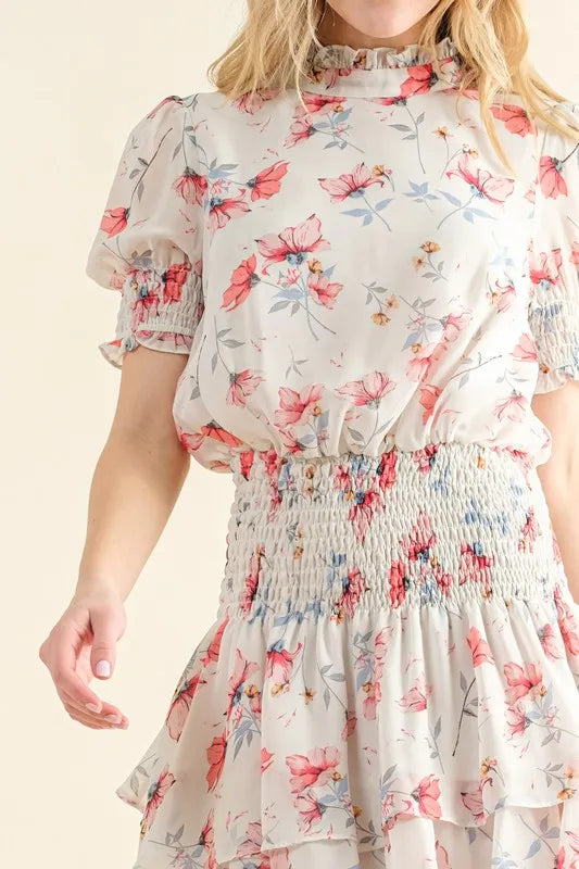Floral Print Smocked Waist Mini Dress