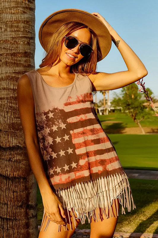 Patriot Fringe Knit Sleeveless Tank Top