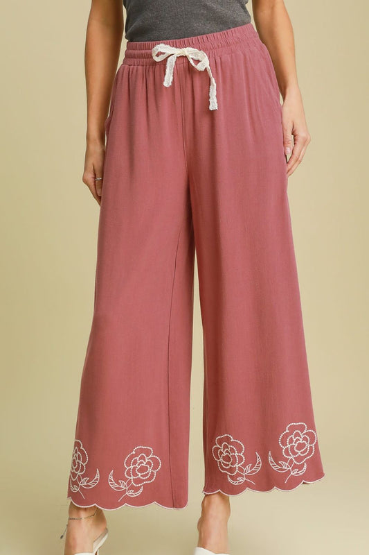 Full Size Linen Blend Wide Leg Pants with Scalloped Hemline Plus Size