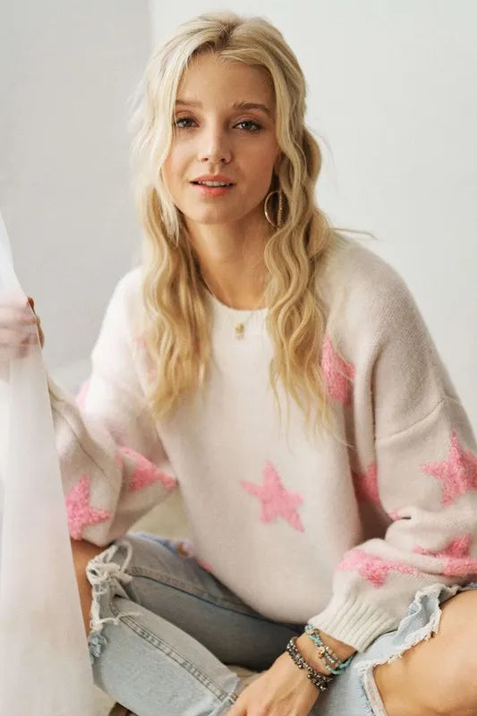 Full Size Star Contrast Round Neck Sweater