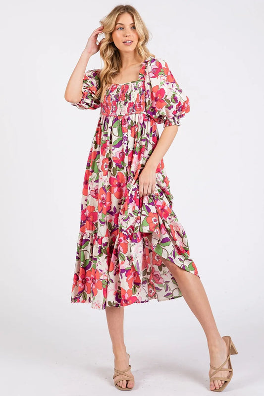Flower Print Puff Sleeve Ruffle Smocked Midi Dress