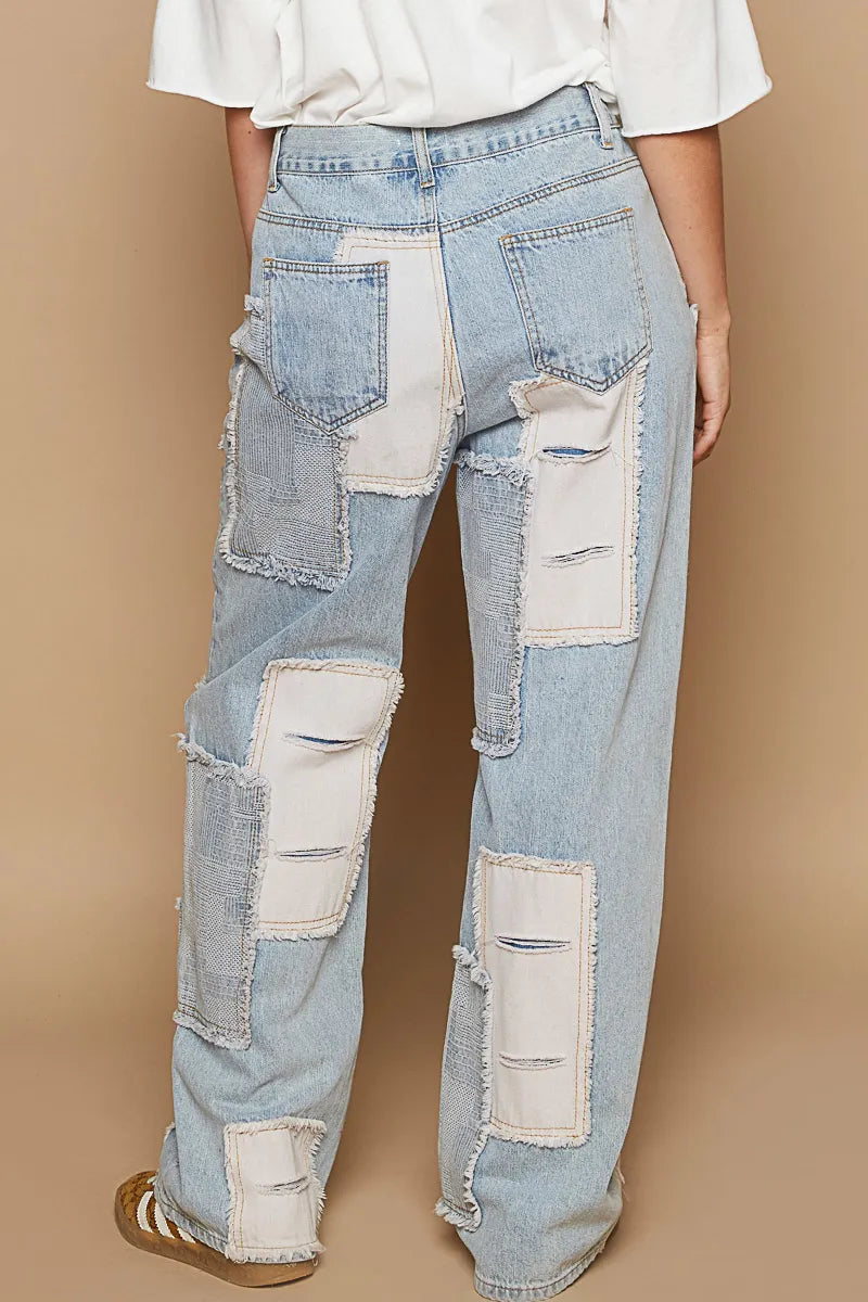 Patchwork Distressed Raw Hem Boyfriend Jeans