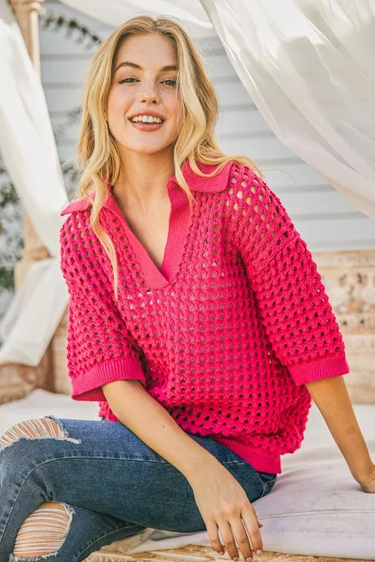 Hollow Out Polo Sweater Top