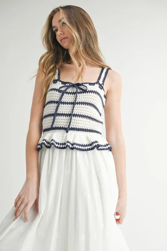 Crochet Stripe Knit Eyelet Mix Midi Dress