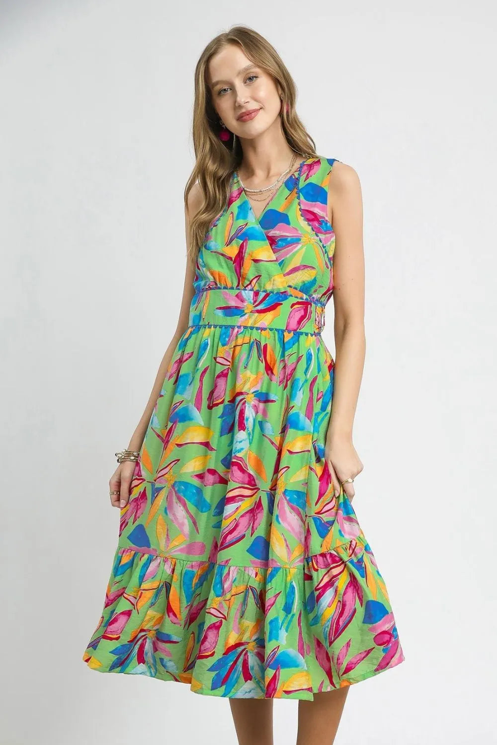 Tropical Paradise Sleeveless Midi Dress with Ruffled Hem
