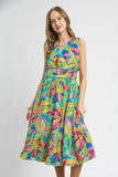 Tropical Paradise Sleeveless Midi Dress with Ruffled Hem