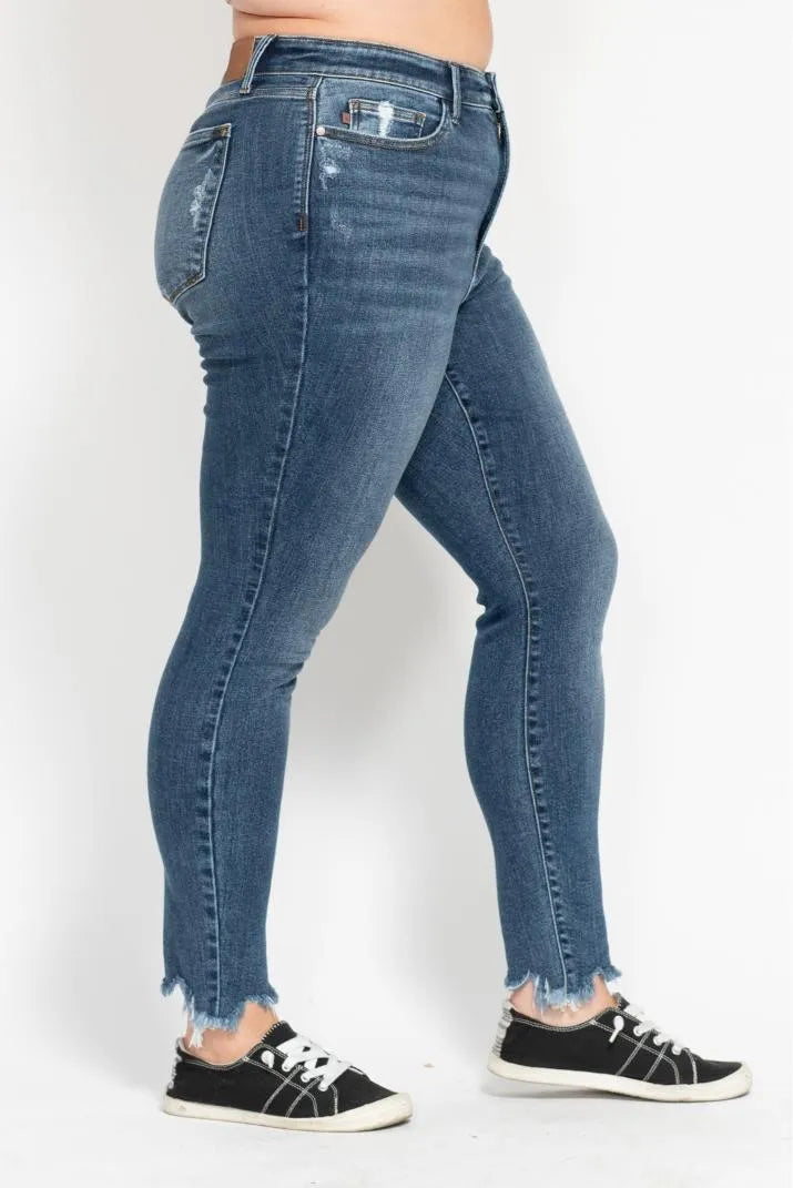 Plus Size High Waist Skinny with Destroy & Shark Bit Hem