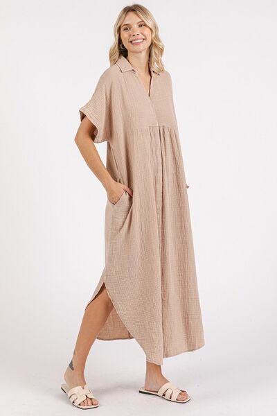 Mineral Wash V Neck Button Up Midi Shirt Dress