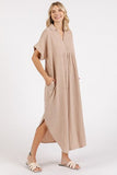 Mineral Wash V Neck Button Up Midi Shirt Dress