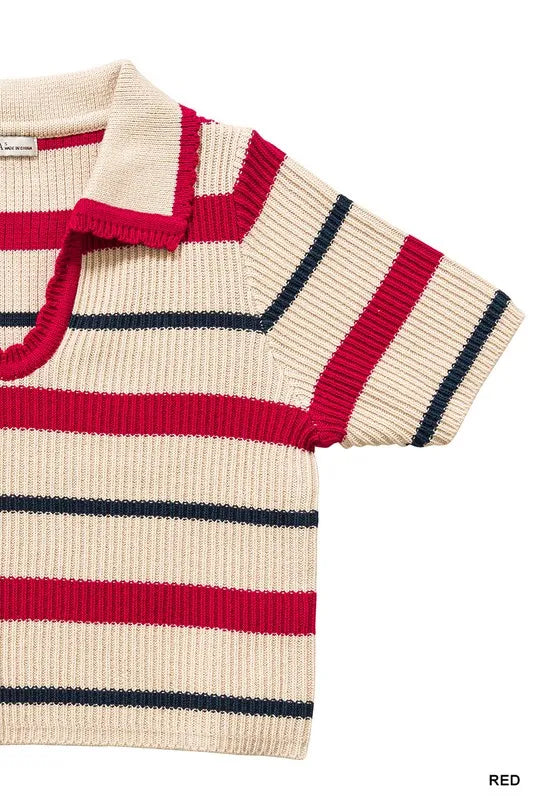 Striped Collared Short Sleeve Cropped Sweater