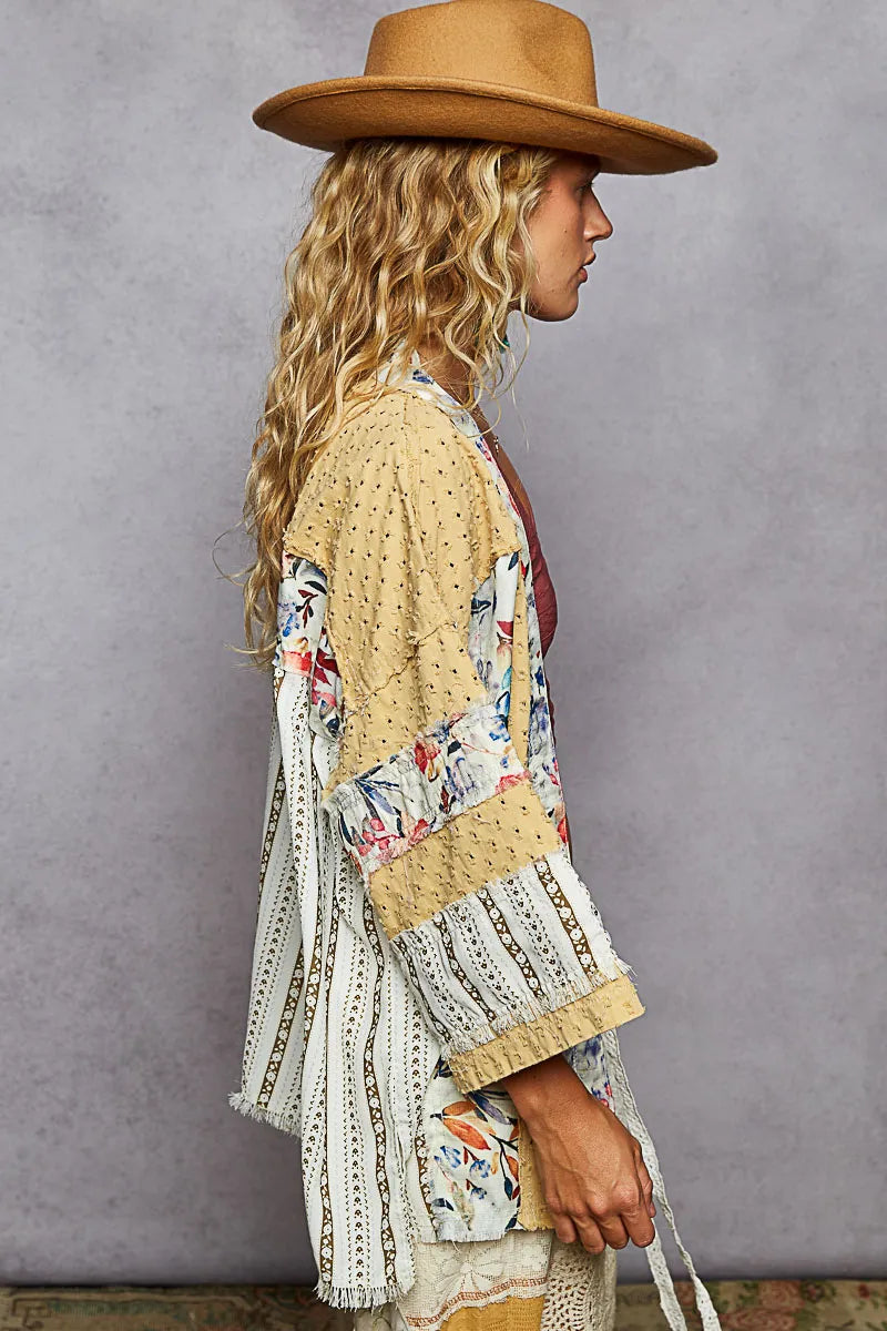 Patchwork Open Front Cardigan with Floral Accent Trim