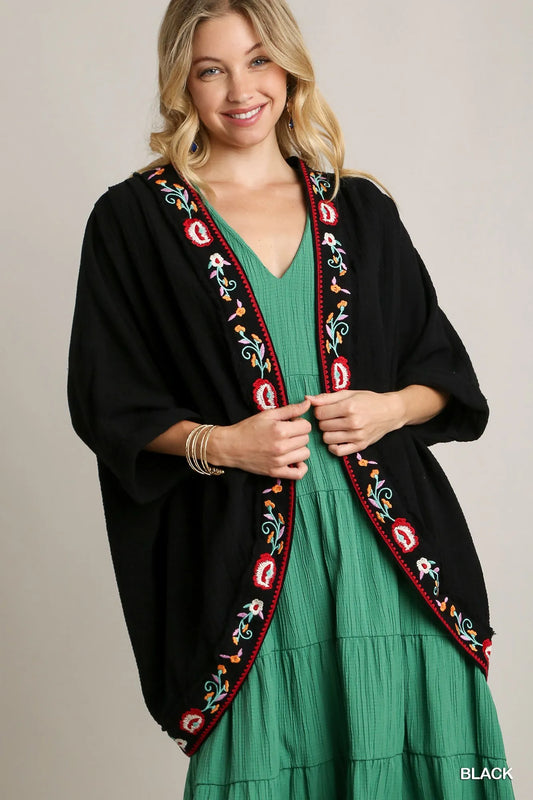 Elegant Embroidered Kimono with Pleated Shoulder Design