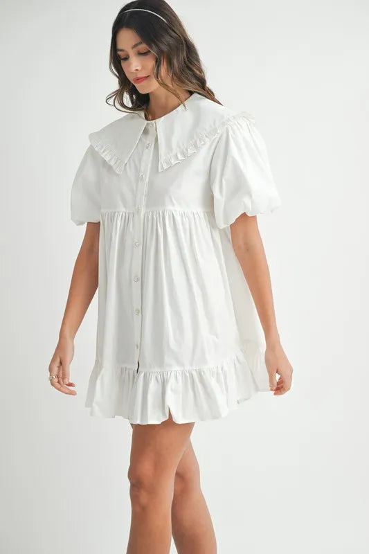 Ruffled Hem Peter Pan Collar Button Down Mini Dress