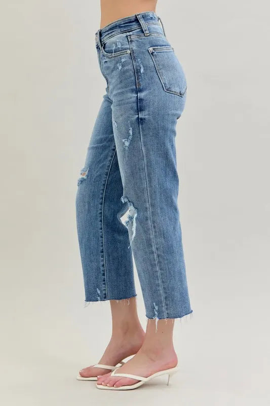 Full Size High Waist Destroy Crop Wide Leg Jeans Plus Size