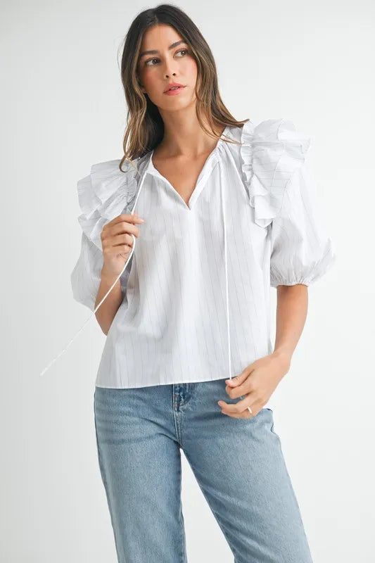 Stripe Ruffle Shoulder Puff Sleeve Blouse