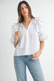 Stripe Ruffle Shoulder Puff Sleeve Blouse