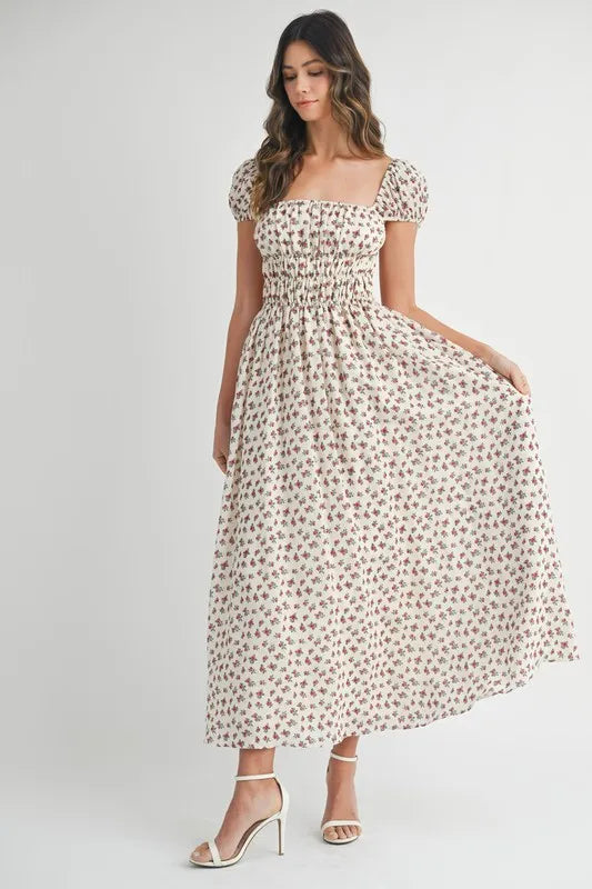 Floral Print Puff Sleeve Gathered Midi Dress
