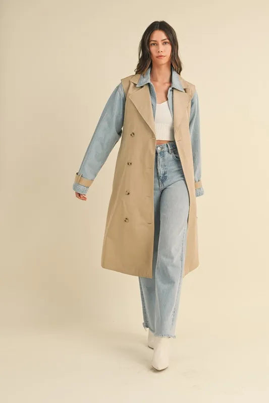 Layered Look Trench Coat With Denim Jacket