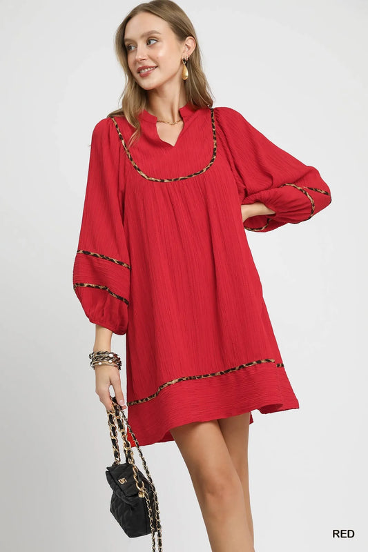 Leopard-Trimmed Textured Babydoll Tunic Dress