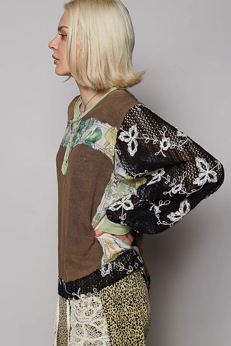 Crochet Sleeve Artistic Patchwork Button Detail Blouse