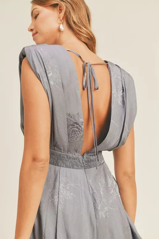 Draped Romper with Pleated Shoulder Pad Detail