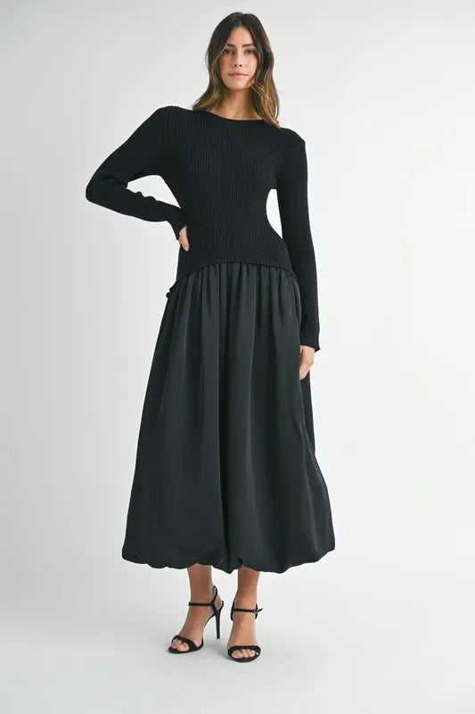 Ribbed Poplin Mix Midi Sweater Dress