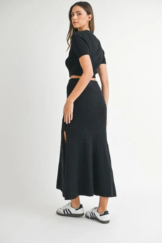 Pointelle Short Sleeve Crop Top and Slit Skirt Sweater Set