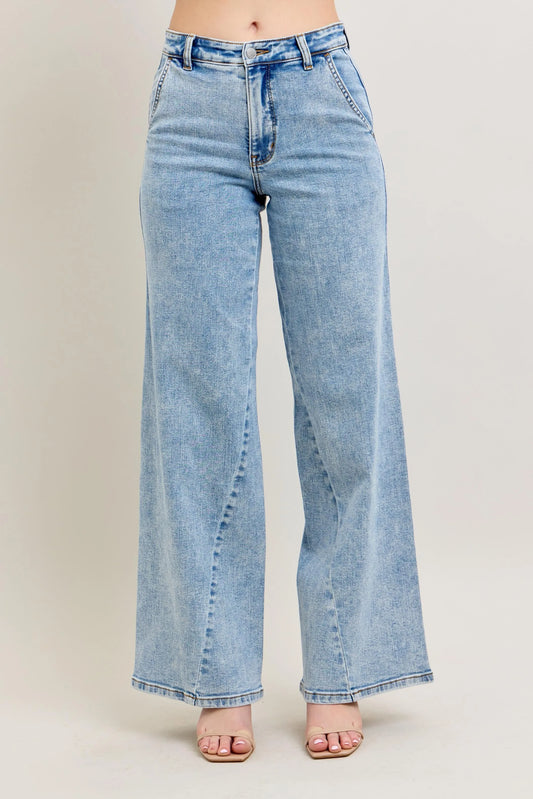 Full Size High Rise Wide Leg Jeans with Asymmetrical Inseam