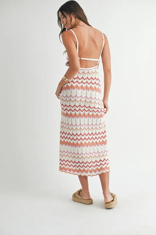 Lightweight Pointelle Chevron Knit Maxi Dress