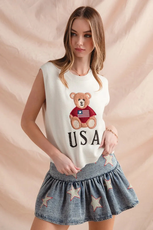 Patriotic Bear Knit Vest with USA Emblem Sweater