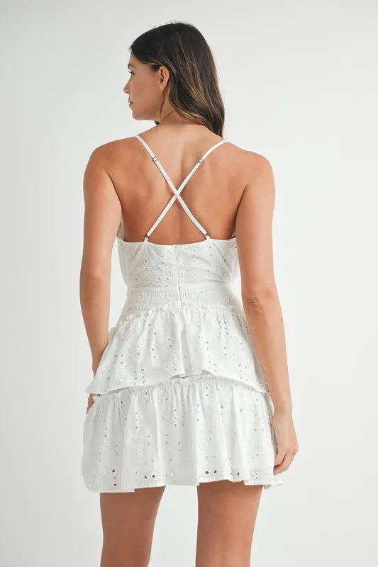 Lace Eyelet Ruffle Mini Dress With Front Cutout