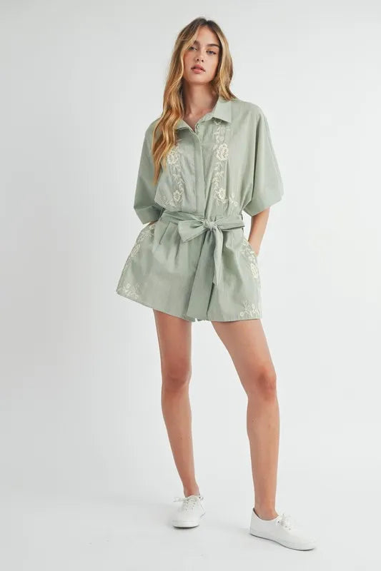 Embroidered Button Down Collared Neck Romper