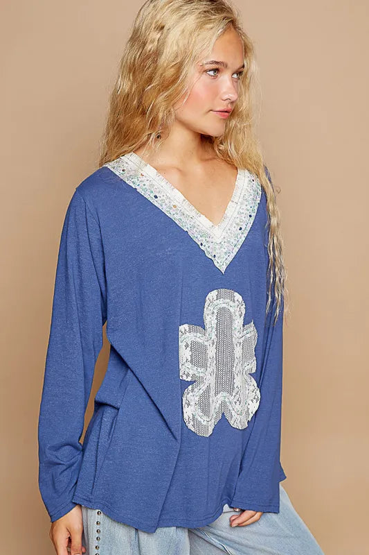 Sequined Fleur-De-Lis Long Sleeve Top