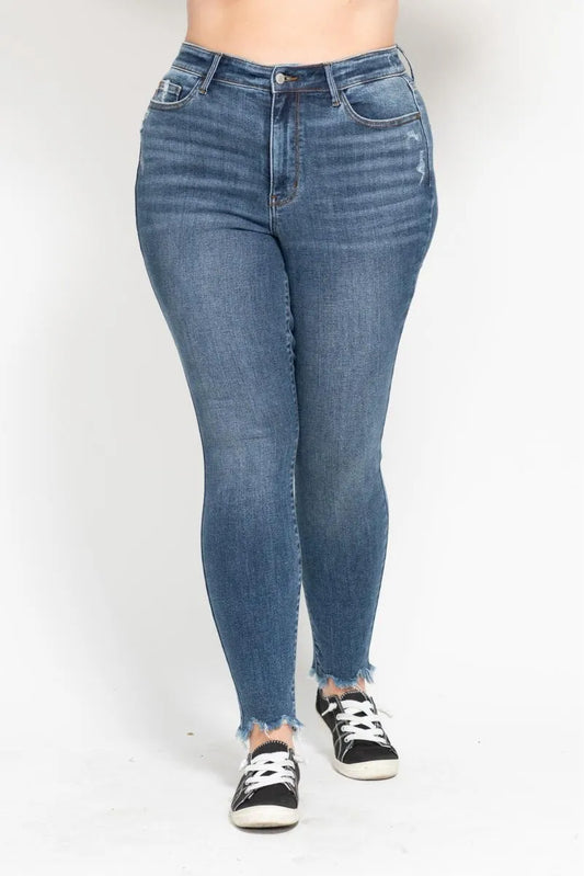 Plus Size High Waist Skinny with Destroy & Shark Bit Hem