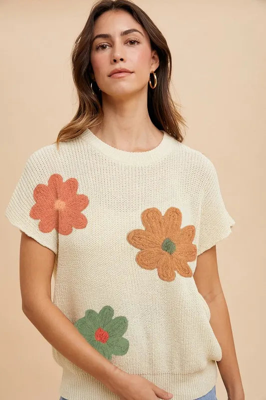 Large Flower Embo Dolman Sleeve Summer Sweater Top