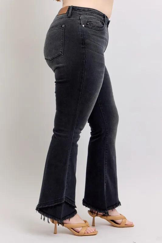 Full Size High Waist Flare W/ Mock Fray Tulip Hem Plus Size