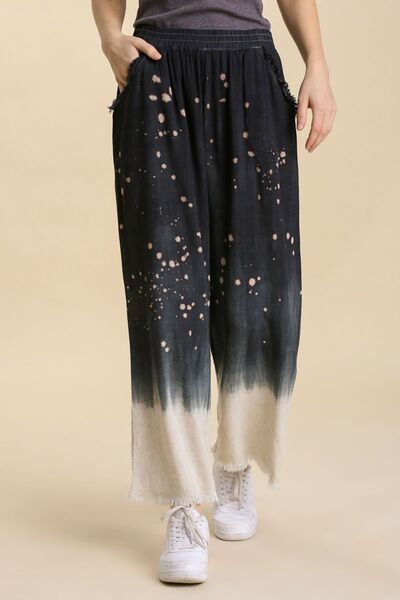 Full Size Raw Hem Linen Blend Bleach Dip Dye Wide Leg Pants Plus Size