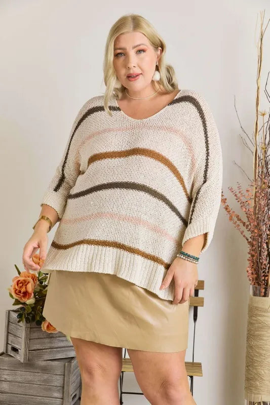 Full Size Multi Color Strip Sweater Plus Size