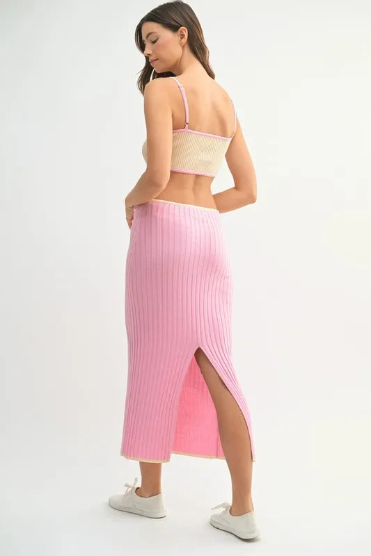 Ribbed Knit Color Block Cutout Midi Dress