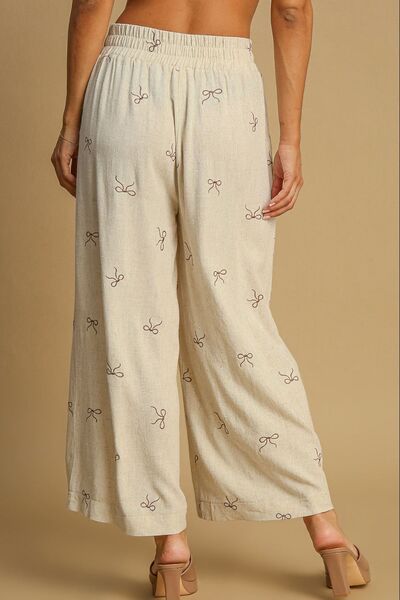 Full Size Lace Drawstring Embroidered Bow Wide Leg Pants Plus Size