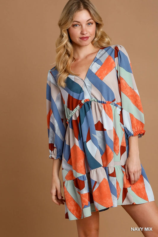 V-Neck Abstract Patterned Tiered Dress