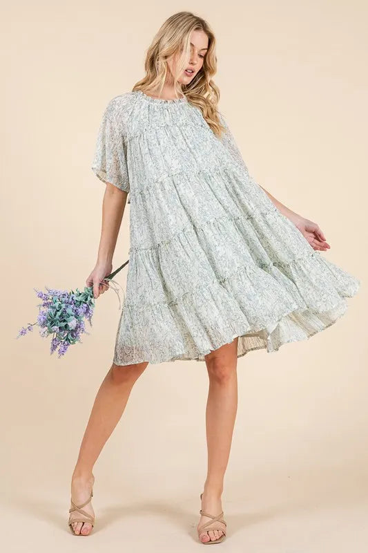 Ditsy Floral Print Sheer Ruffle Detail Mini Dress