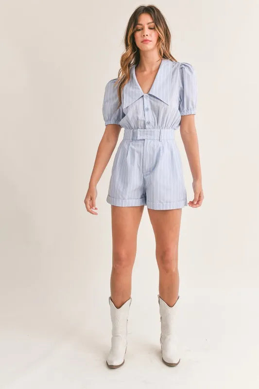 Striped Puff Sleeve Collared Neck Romper