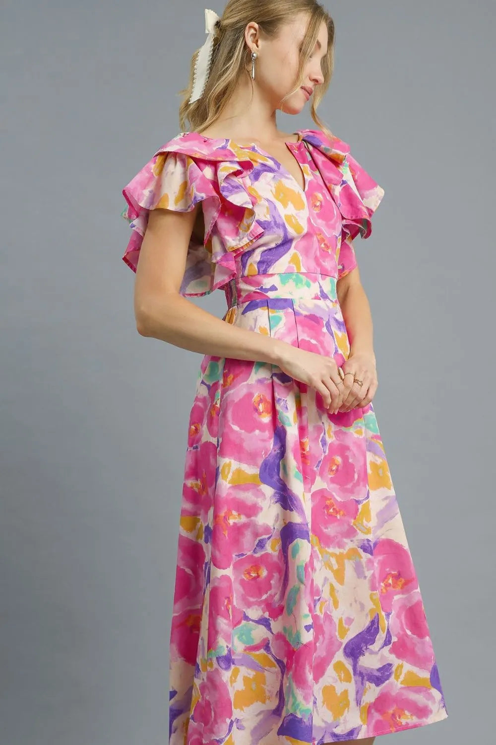 Watercolor Elegance Ruffle Sleeve Midi Dress