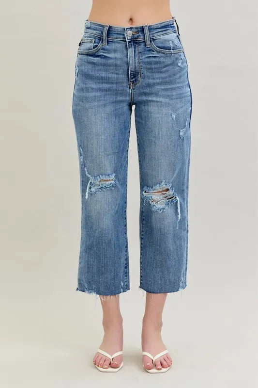Full Size High Waist Destroy Crop Wide Leg Jeans Plus Size