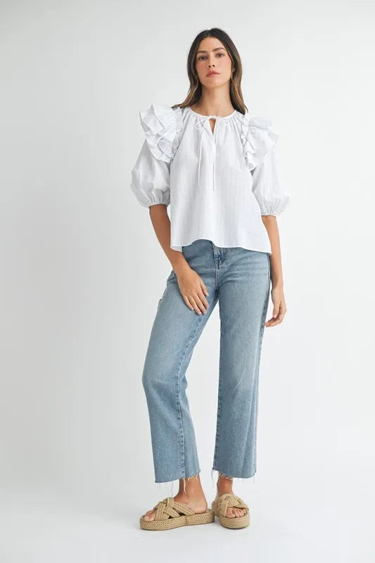 Stripe Ruffle Shoulder Puff Sleeve Blouse