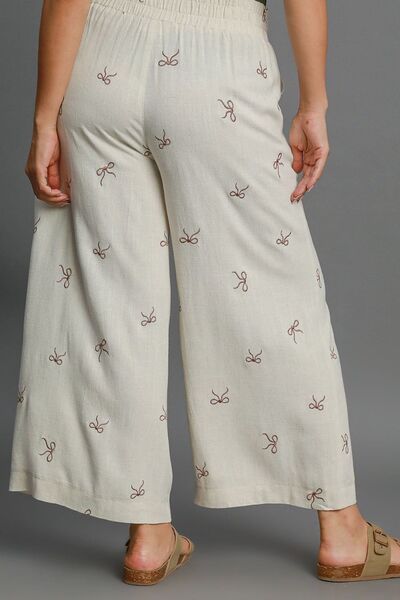 Full Size Lace Drawstring Embroidered Bow Wide Leg Pants Plus Size